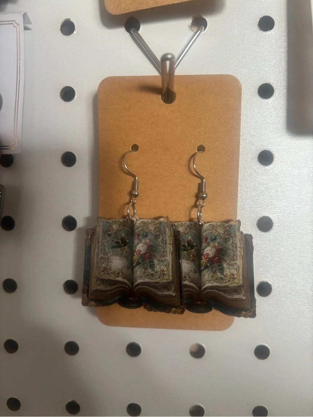 Miniature Vintage Book Drop Earrings in Brown and Cream